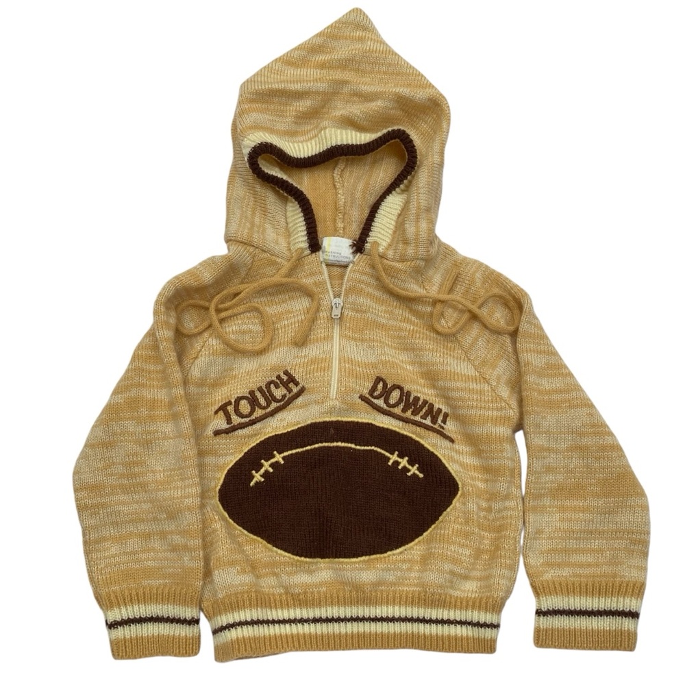 Vintage 70s 80s Baby Hoodie Sweater Football Brown Knit size 6-9months